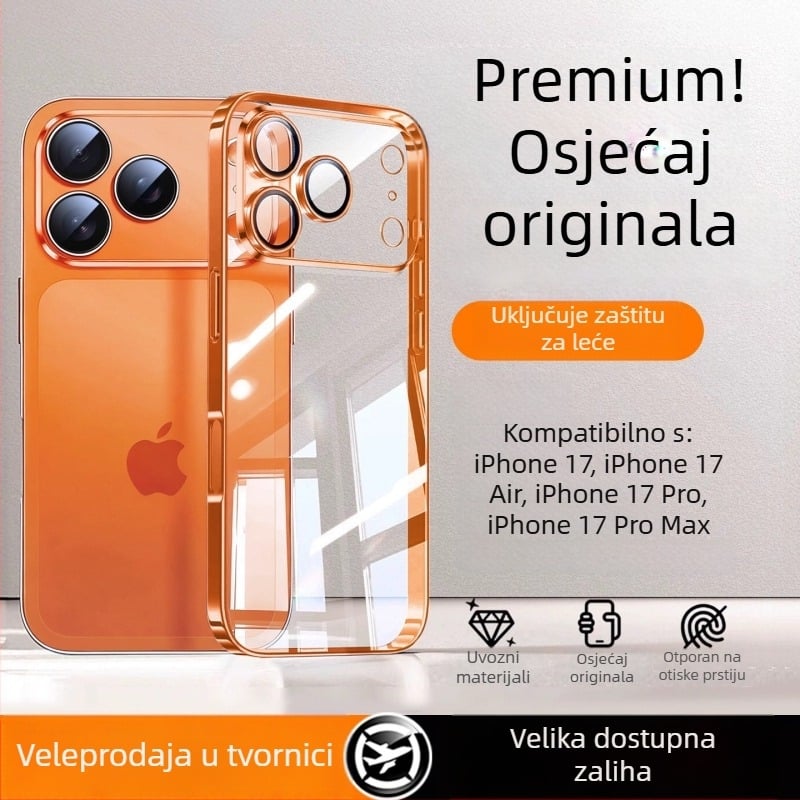 Kućište za iPhone 17 Pro Max — elektroplatirano PC stražnji dio, TPU kućište, prozirna zaštita leće, zaštita od pada, mogućnost prilagodbe