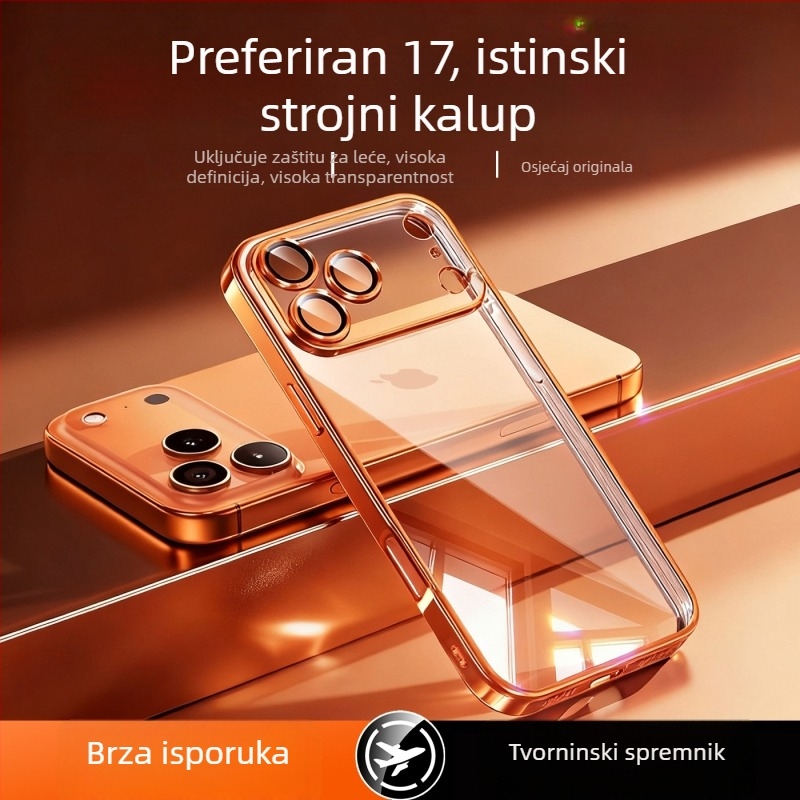 Kućište za iPhone 17 Pro Max — elektroplatirano PC stražnji dio, TPU kućište, prozirna zaštita leće, zaštita od pada, mogućnost prilagodbe