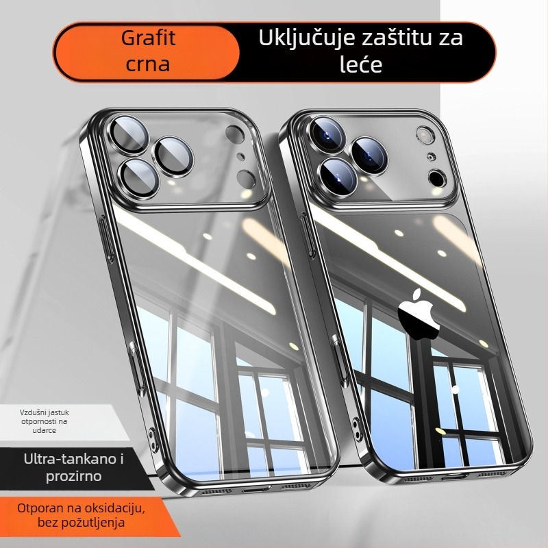 Kućište za iPhone 17 Pro Max — elektroplatirano PC stražnji dio, TPU kućište, prozirna zaštita leće, zaštita od pada, mogućnost prilagodbe