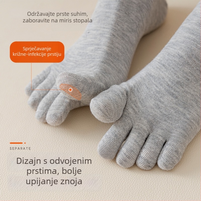 Ženske čarape s pet prstiju, srednje duljine — antibakterijske, upijaju znoj, anti miris; Model: jednobojni; Materijal: pamuk 50–70%; Pletenje: s jedne igle; Šavovi: 200N