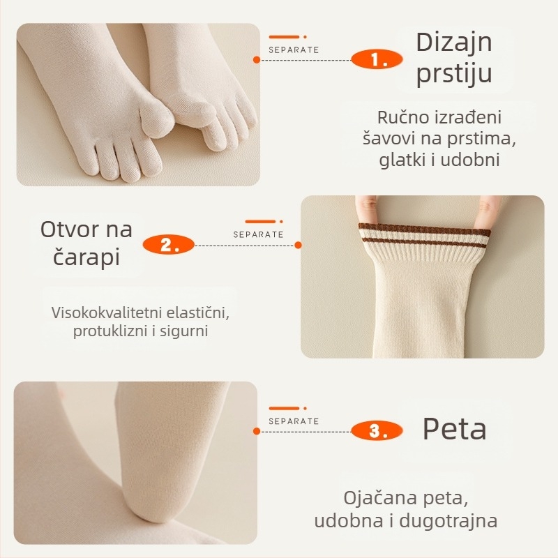 Ženske čarape s pet prstiju, srednje duljine — antibakterijske, upijaju znoj, anti miris; Model: jednobojni; Materijal: pamuk 50–70%; Pletenje: s jedne igle; Šavovi: 200N