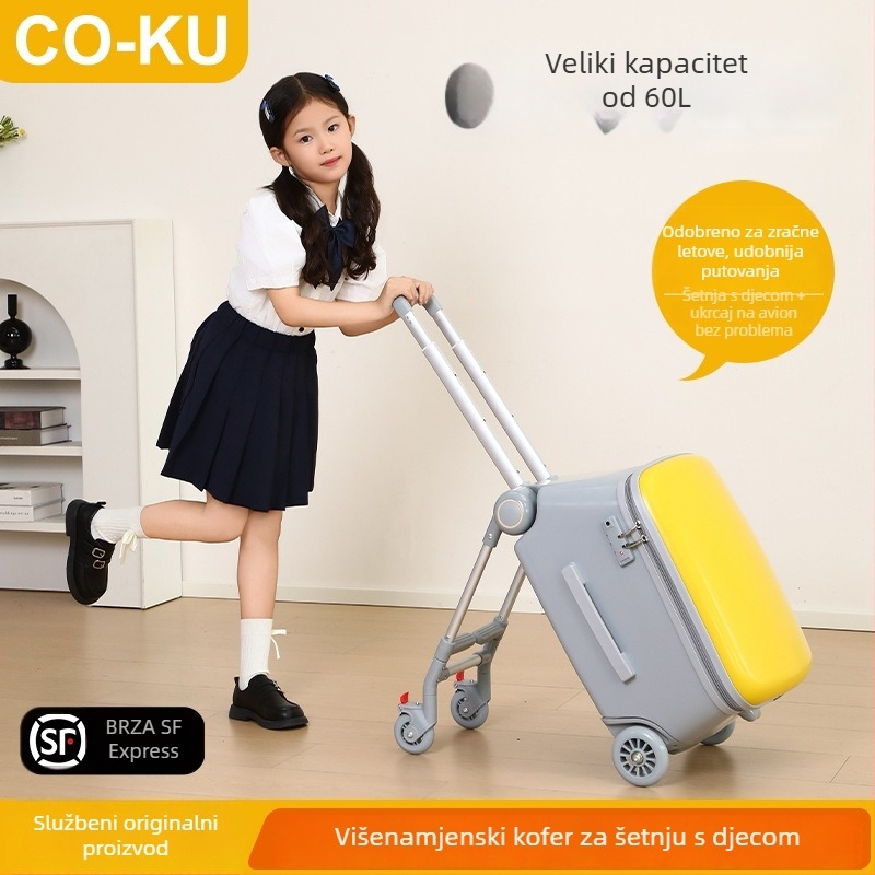 Dječji putni kovčeg s funkcijom sjedenja, velika kapaciteta, PC ljuska, 5,1 kg, TSA kombinirani brav, zatvarač otvor, univerzalna kolica