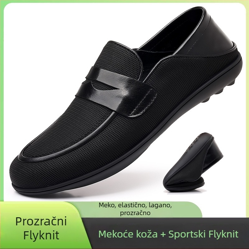 Muške prozračne casual kožne loaferice s gumom, mrežastom podstavom, okrugla špička, proljeće 2025
