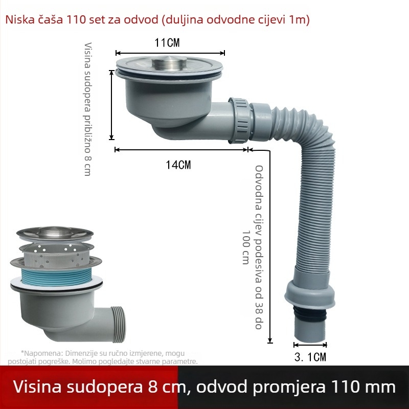 Balkonski ormar za pranje s nehrđajućim bazenom, teleskopska odvodna cijev, bočni odvod, niski profil, OEM dostupan
