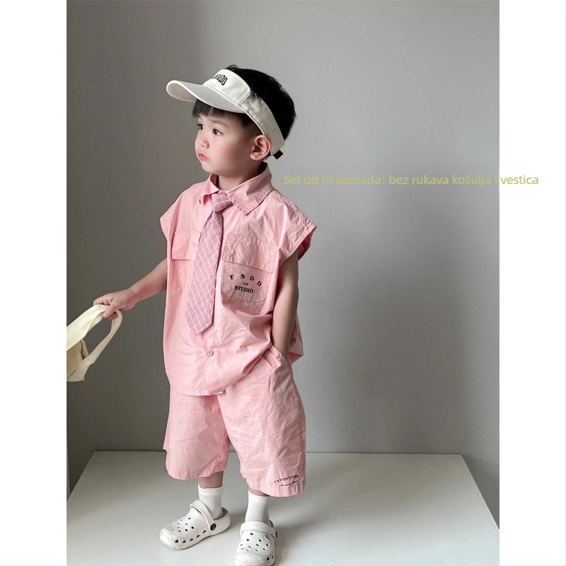 Dječji trodijelni kostim bez rukava, s kravatom i hlačama — korejski stil, ljeto 2024, tkanina: poliester s vlaknima regenerirane celuloze (51–70%).
