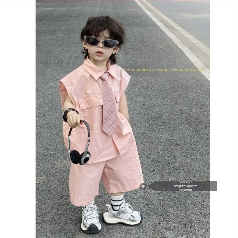 Dječji trodijelni kostim bez rukava, s kravatom i hlačama — korejski stil, ljeto 2024, tkanina: poliester s vlaknima regenerirane celuloze (51–70%).