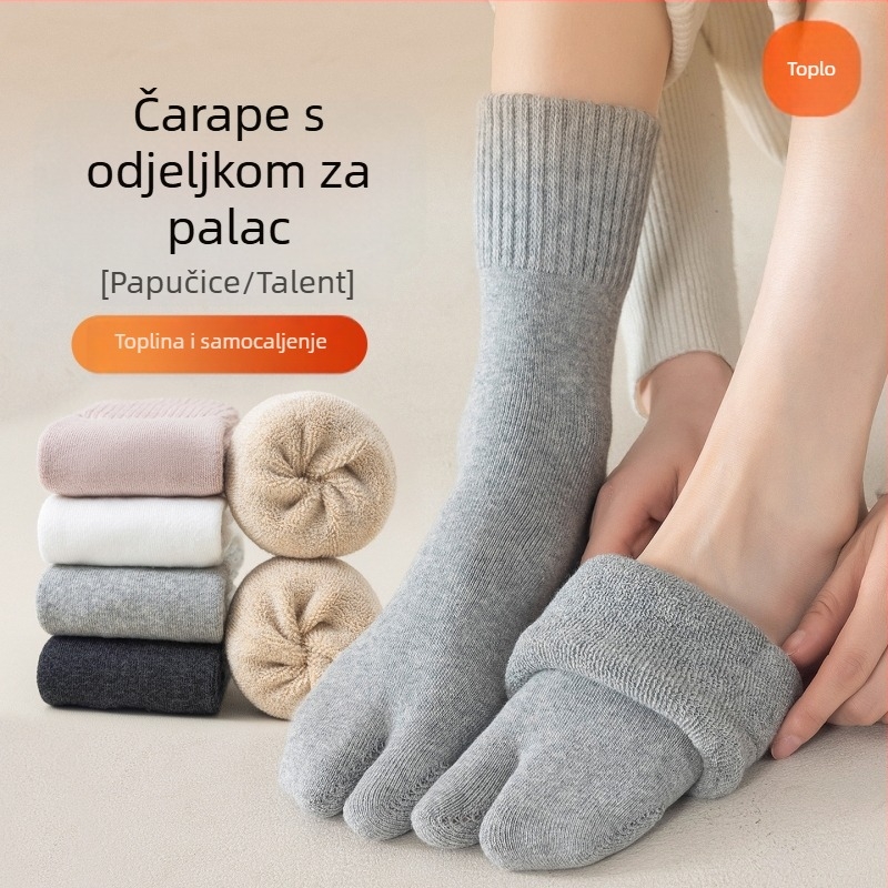 Ženske čarape s podijeljenim prstima za jesen-zimu, flis unutrašnjost, pamuk-mješavina, srednje duljine