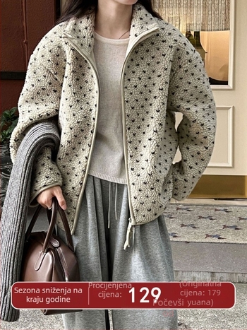 Jakna od ovčje vune s točkastim uzorkom, stojeći ovratnik, zatvarač, retro stil
