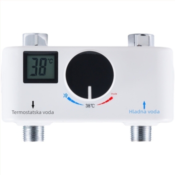 Električni termostatski slavina za toplu vodu s miješanjem tople i hladne vode, postavka 38°C, elektrogalvansko tijelo s jednim ventilem