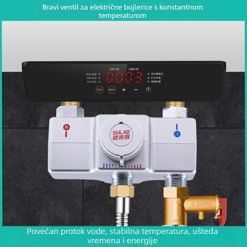 Električni termostatski slavina za toplu vodu s miješanjem tople i hladne vode, postavka 38°C, elektrogalvansko tijelo s jednim ventilem
