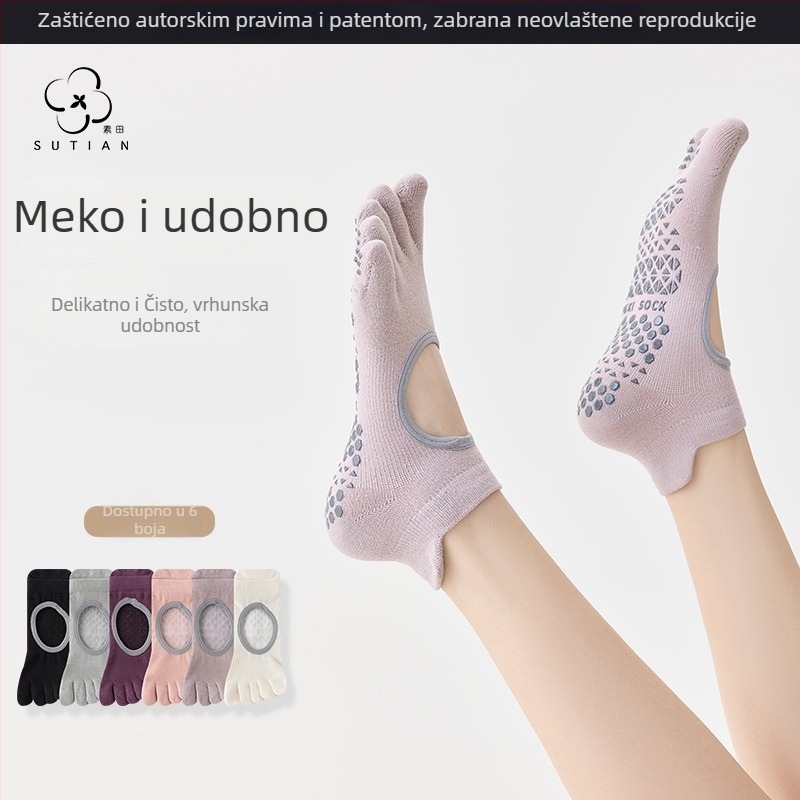 Ženske pamukaste joga čarape s silikon protivkliznim slojem, petoprstne za pilates i unutarnje vježbanje, kratke čarape