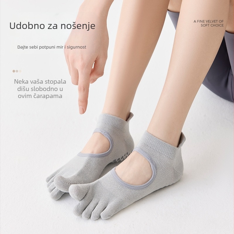 Ženske pamukaste joga čarape s silikon protivkliznim slojem, petoprstne za pilates i unutarnje vježbanje, kratke čarape