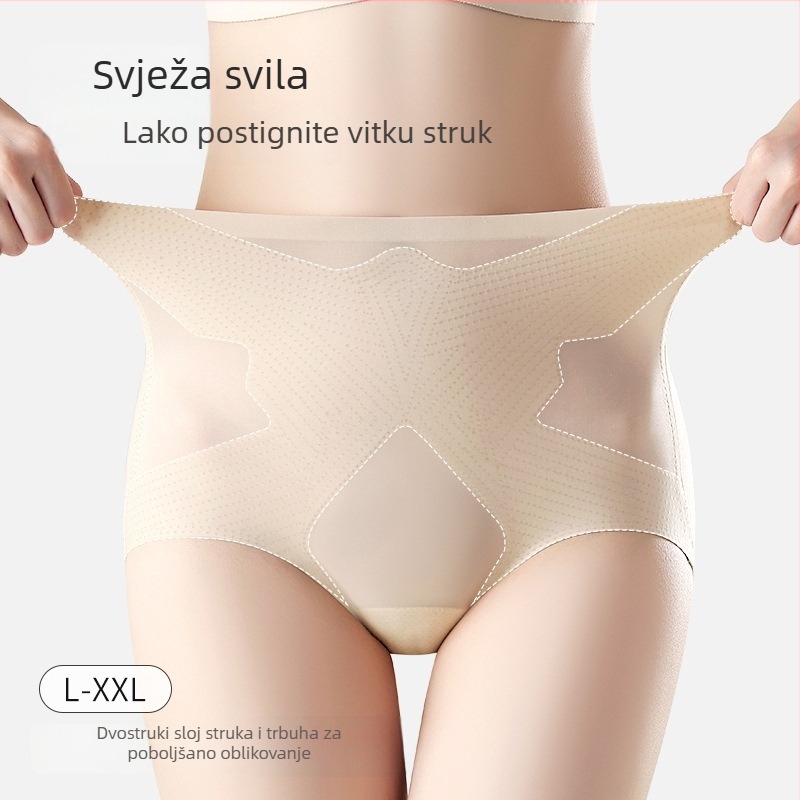 Ženske gaćice za oblikovanje s visokim pojasom, oblikovanje trbuha, podizanje bokova, antibakterijska podstava u području prepona, prozračni najlon (Glavni materijal: najlon 50–70%; Podstava u preponama: viskoza 80–90%; Vlakna: 6–10D)