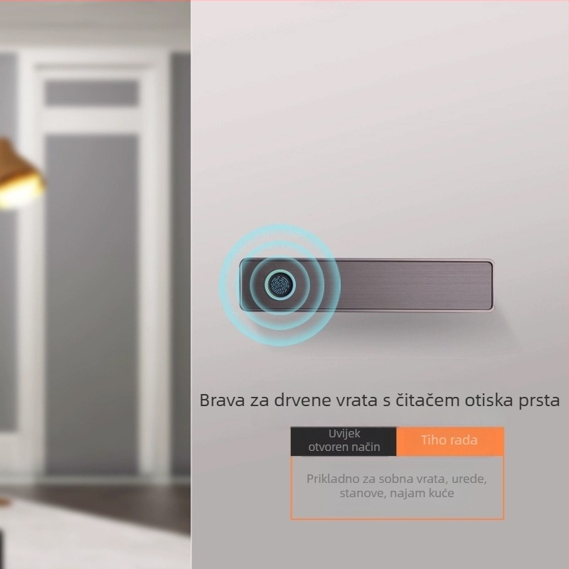 Minimalistička pametna brava za vrata s otiskom prsta za drvena vrata — brzo skeniranje <0.001 s, pohranjivanje 100 otisaka, >100000 otključavanja, lažno prepoznavanje <0.001%, radna temperatura -20 do 50°C