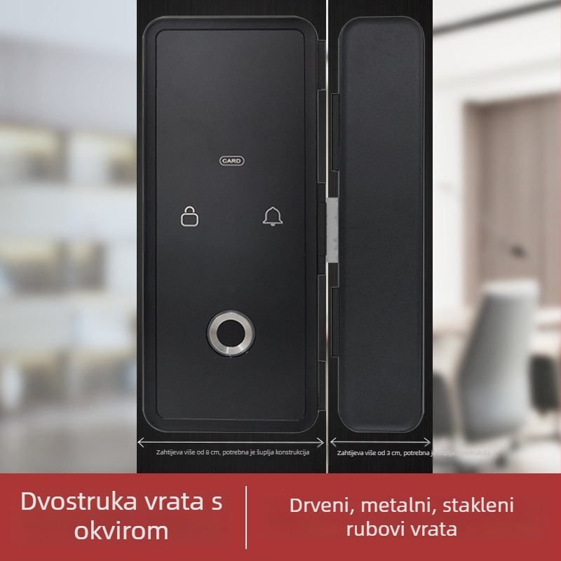 G190 Uređaj za otključavanje prstom na staklena vrata u uredu — bez bušenja, s okvirom ili bez, jednokrilna/dvokrilna vrata; 200 spremljenih otisaka; >20 000 otključavanja; skeniranje <0,5 s; lažno prepoznavanje <0,0001%.