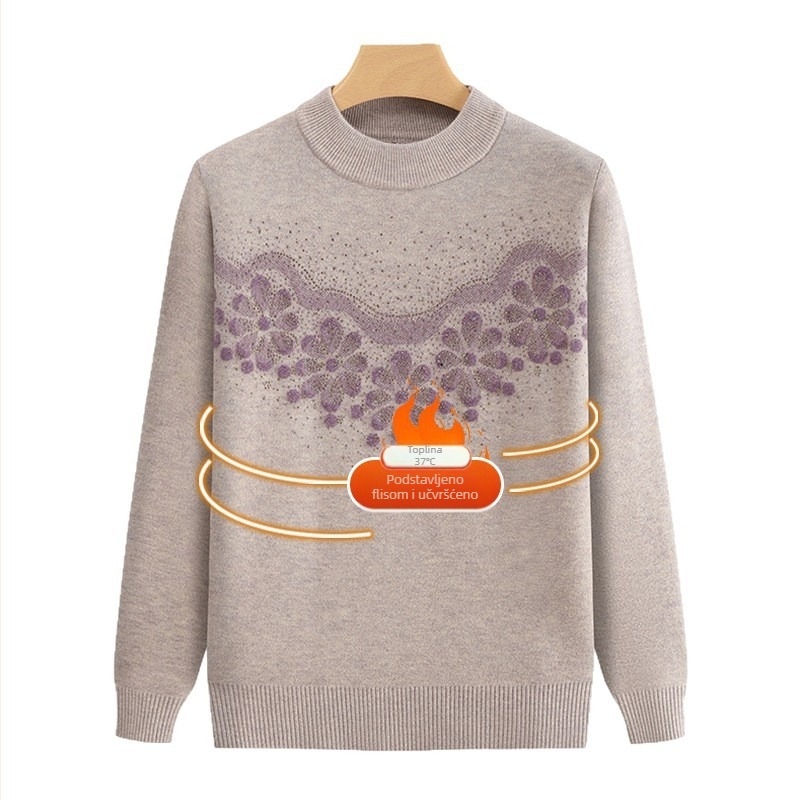 Ženski topli plišasti pleteni gornji dio za jesen-zimu, poliesterska smjesa, okrugli izrez, dugi rukav, normalna duljina (50–65 cm), elegantan gradski stil; glavni materijal 70–80% poliestera, sekundarni ≤30%