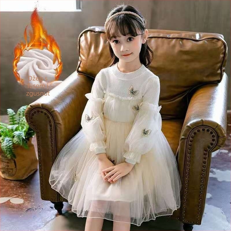 Dječja princeska haljina s mrežastim materijalom i pletenim panelima, šivana leptira, pamuk 90%, mekani završetak, za djecu iznad 8 godina