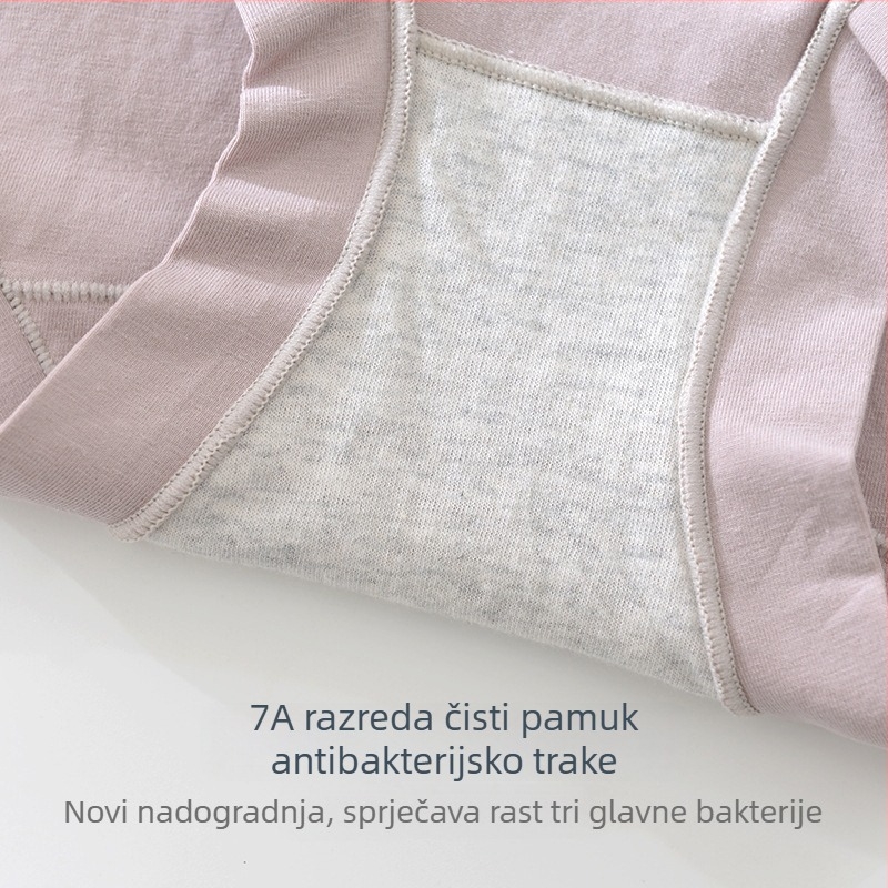 Ženske gaćice sa srednjim strukom od pamuka 60S, prozračne i antibakterijske, pleteni materijal, jednofarbeni uzorak, glavni materijal 90–95% pamuk, podstava 100% pamuk