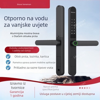 Pametna brava za vrata s otiskom prsta, PIN-om, ključem i daljinskim otključavanjem; kućište od aluminijske legure; skeniranje otiska u 0,5 s; pohrana 100 otisaka; do 1.000.000 otključavanja