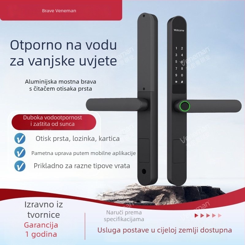 Pametna brava za vrata s otiskom prsta, PIN-om, ključem i daljinskim otključavanjem; kućište od aluminijske legure; skeniranje otiska u 0,5 s; pohrana 100 otisaka; do 1.000.000 otključavanja