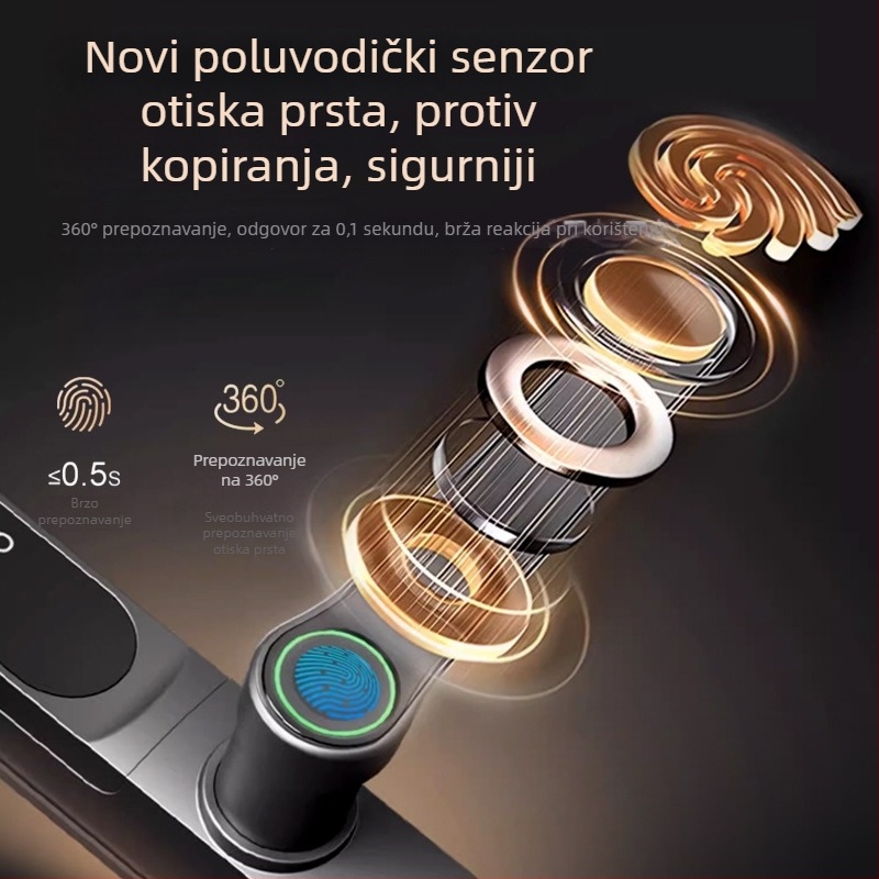 Pametna brava za vrata s otiskom prsta, PIN-om, ključem i daljinskim otključavanjem; kućište od aluminijske legure; skeniranje otiska u 0,5 s; pohrana 100 otisaka; do 1.000.000 otključavanja