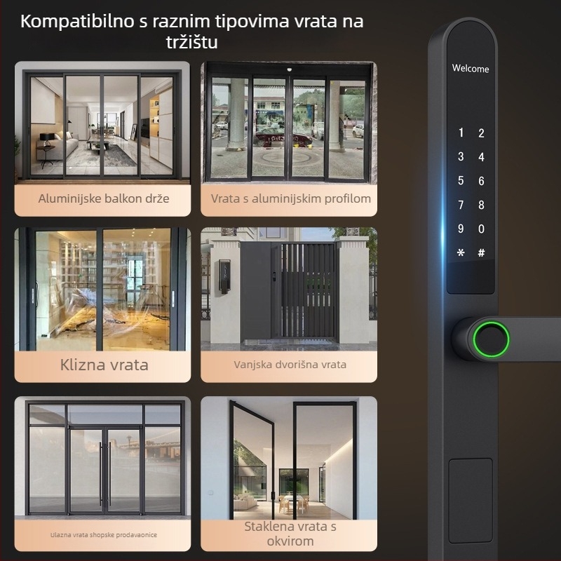 Pametna brava za vrata s otiskom prsta, PIN-om, ključem i daljinskim otključavanjem; kućište od aluminijske legure; skeniranje otiska u 0,5 s; pohrana 100 otisaka; do 1.000.000 otključavanja