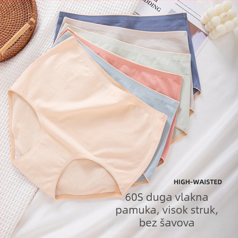 Ženske gaćice visokog struka bez šavova, pamuk, prozračne i antibakterijske; glavni materijal 95–100% pamuk; podstava prepona 100% pamuk