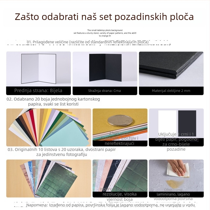 Kompaktno stolno pozadje za fotografiju, pozadinski papir za stolne snimke, rekviziti za scenu proizvoda.