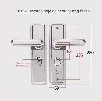 Kovinska ručka za vrata od nehrđajućeg čelika s panelom zaključavanja i dvostrukim opružnim mehanizmom, model 002/015A/016A, moderni minimalistički stil.