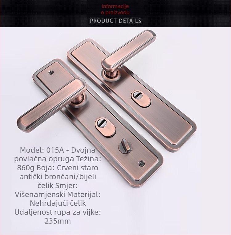 Kovinska ručka za vrata od nehrđajućeg čelika s panelom zaključavanja i dvostrukim opružnim mehanizmom, model 002/015A/016A, moderni minimalistički stil.