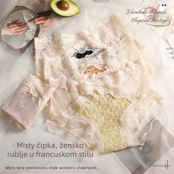 Ženske čipkaste gaćice sa srednjim strukom, prozračna mrežasta tkanina, antibakterijske osobine, pleteni materijal, podstava od svile mulberijeve
