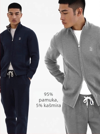 Muški pleteni kardigan, 95% pamuk / 5% kašmir, uski kroj, stojeći ovratnik, pleteni 12‑Gauge, ribasti rub
