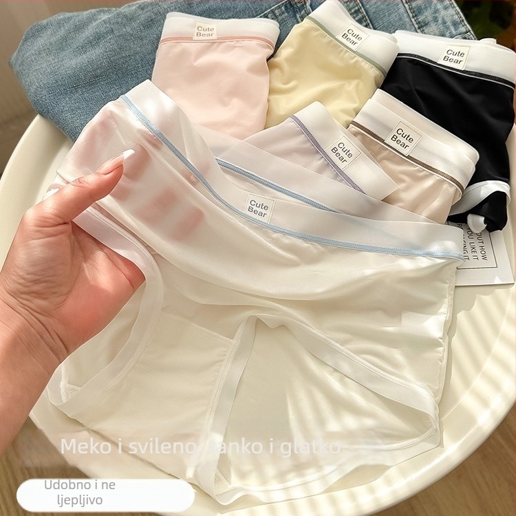Ice Silk žensko donje rublje za ljeto – najlon 70–80%, 11–20D, pleteni, prozračni, podstava prepona viskozna 30–50%, srednji struk, uzorak u boji