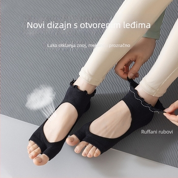 Ženske joga čarape s otvorenom petom i čipkastim dizajnom, s razdvojenim prstima — pamuk, protuklizne, prozračne, upijaju znoj