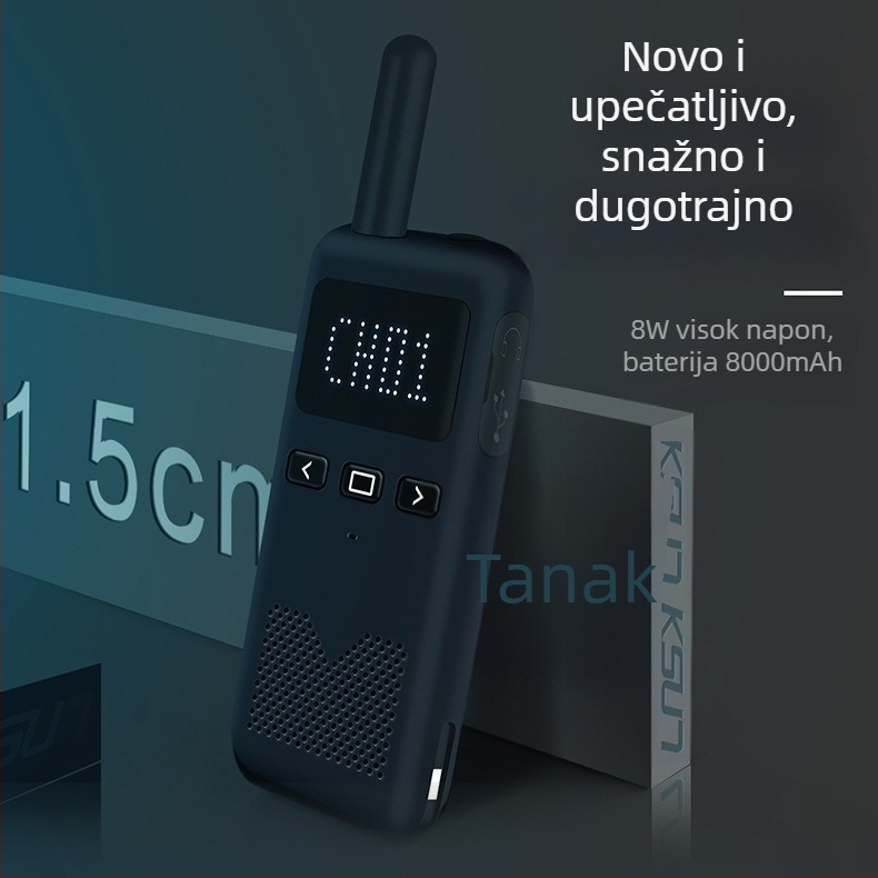 Walkie-Talkie interkom – ultra-tanki ručni, 400-470 MHz, 8 W, 16 kanala, domet 5–10 km, baterija 8000 mAh