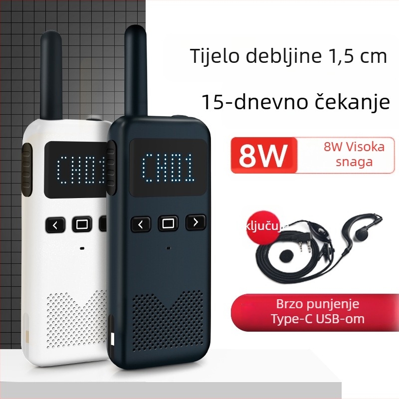 Walkie-Talkie interkom – ultra-tanki ručni, 400-470 MHz, 8 W, 16 kanala, domet 5–10 km, baterija 8000 mAh
