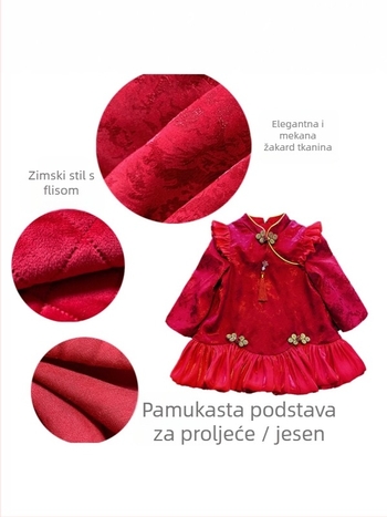 Dječja haljina u kineskom stilu Cheongsam, dugi rukavi, poliester tkanina, pamuk podstava, suknja s podstavom