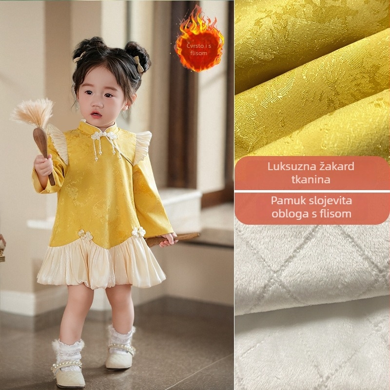 Dječja haljina u kineskom stilu Cheongsam, dugi rukavi, poliester tkanina, pamuk podstava, suknja s podstavom