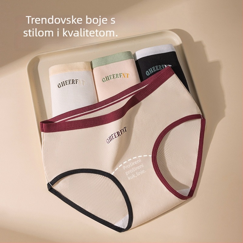 Ženske pamučne gaćice sa srednjim strukom, prozračne, antibakterijske, pleteni materijal, uzorak teksta.