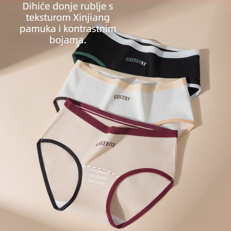 Ženske pamučne gaćice sa srednjim strukom, prozračne, antibakterijske, pleteni materijal, uzorak teksta.