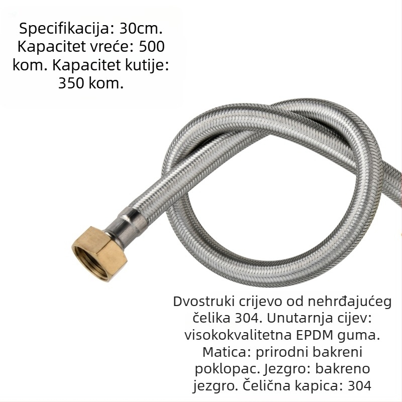 304 nehrđajući čelik opleteni crijev s debelim bakrenim završetcima za ulaz tople i hladne vode, spoj za bojler na WC, dvostruki kraj, vijčani priključak