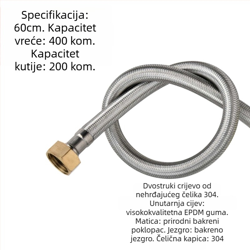 304 nehrđajući čelik opleteni crijev s debelim bakrenim završetcima za ulaz tople i hladne vode, spoj za bojler na WC, dvostruki kraj, vijčani priključak