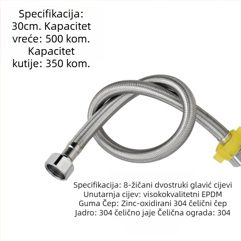 304 nehrđajući čelik opleteni crijev s debelim bakrenim završetcima za ulaz tople i hladne vode, spoj za bojler na WC, dvostruki kraj, vijčani priključak