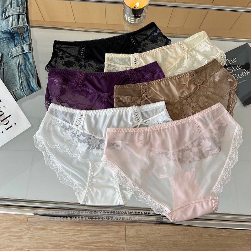 Ženske gaćice od najlona mreže, srednji pojas, podstava od 100% pamuka, cvjetni uzorak s mašnicom, prozračne, brzo se suše