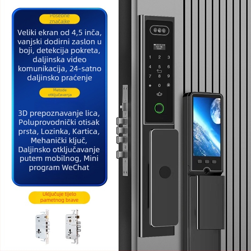 Pametan brava za vrata s dvostrukim zaslonom, CNC graviranje, 3D prepoznavanje lica, pristup otiskom prsta i lozinkom, anti-krad, AC napajanje
