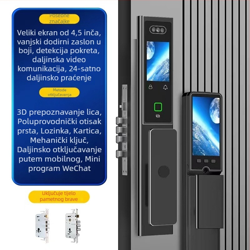 Pametan brava za vrata s dvostrukim zaslonom, CNC graviranje, 3D prepoznavanje lica, pristup otiskom prsta i lozinkom, anti-krad, AC napajanje