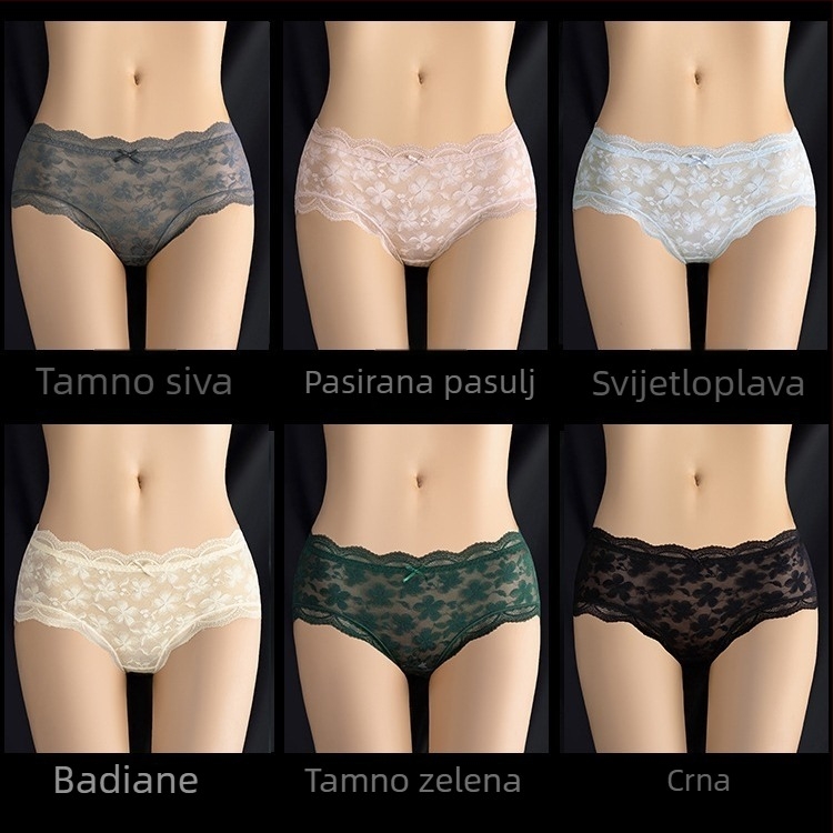 Ženske čipkaste gaćice, najlon 90–95% materijal, pamukova podstava u preponama, srednji pojas, prozračan