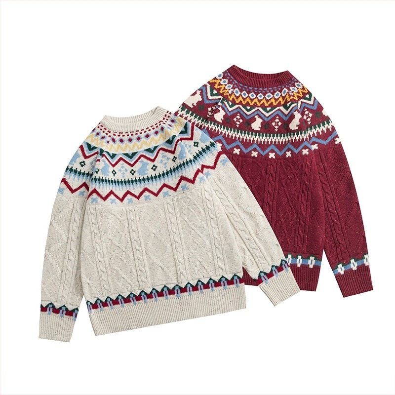 Pleten džemper s uzorkom Fair Isle, okrugli izrez, dugi rukavi, široki kroj