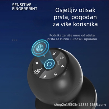 Model D03 Pametni brava s otiskom prsta za drvena vrata; kapacitet pohrane otisaka 50; više od 100000 otključavanja; vrijeme skeniranja <1 s; napajanje baterije