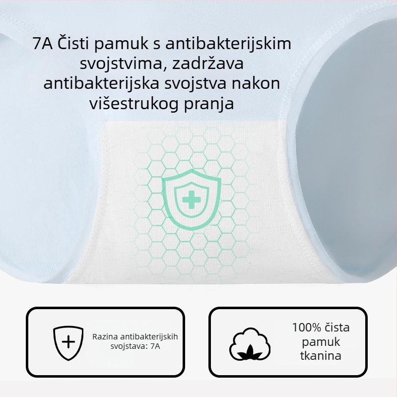 Ženske gaćice od pamuka s srednjim strukom, prozračne i antibakterijske; glavni sastav 90–95% pamuk, 100% pamuk za preklop